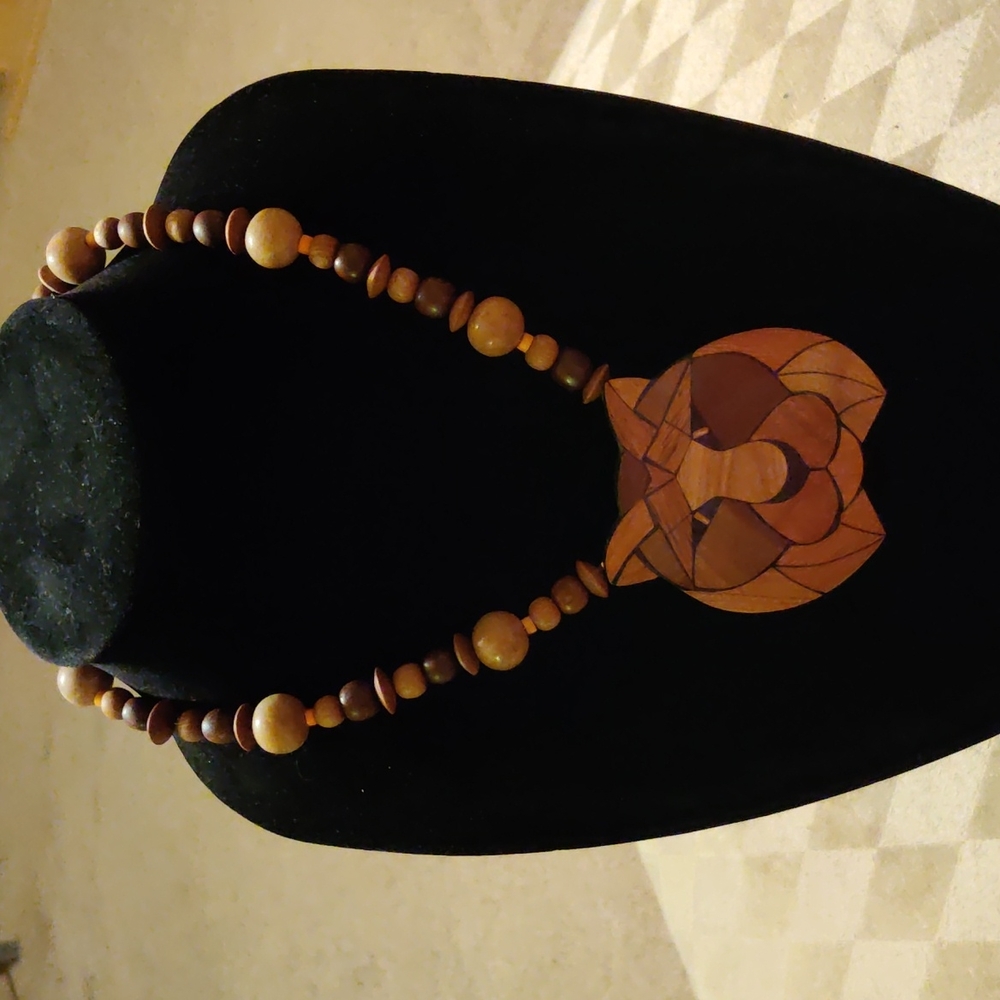 Handmade Inlaid Wood And Wood Bead Necklace